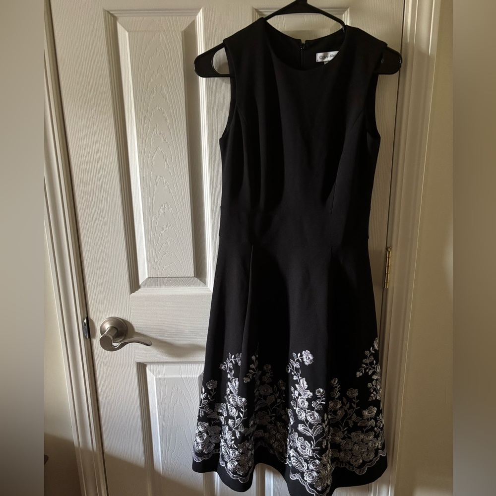 Calvin Klein black midi princess style dress with embroidered bottom size 2